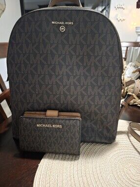 Michael Kors Dark Brown MK Logo Backpack with Matching Wallet